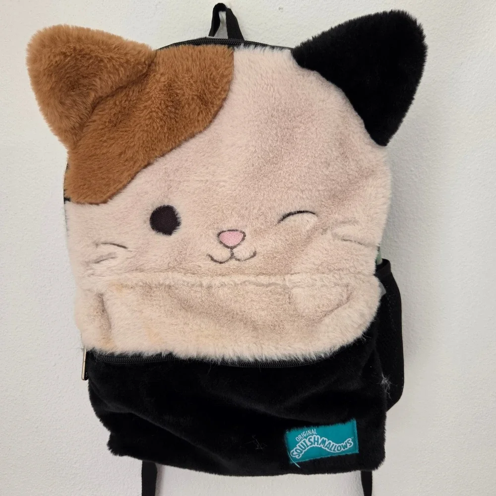 Squishmallows Cam the Cat Plush Backpack Black Calico Faux Fur Kids School Bag